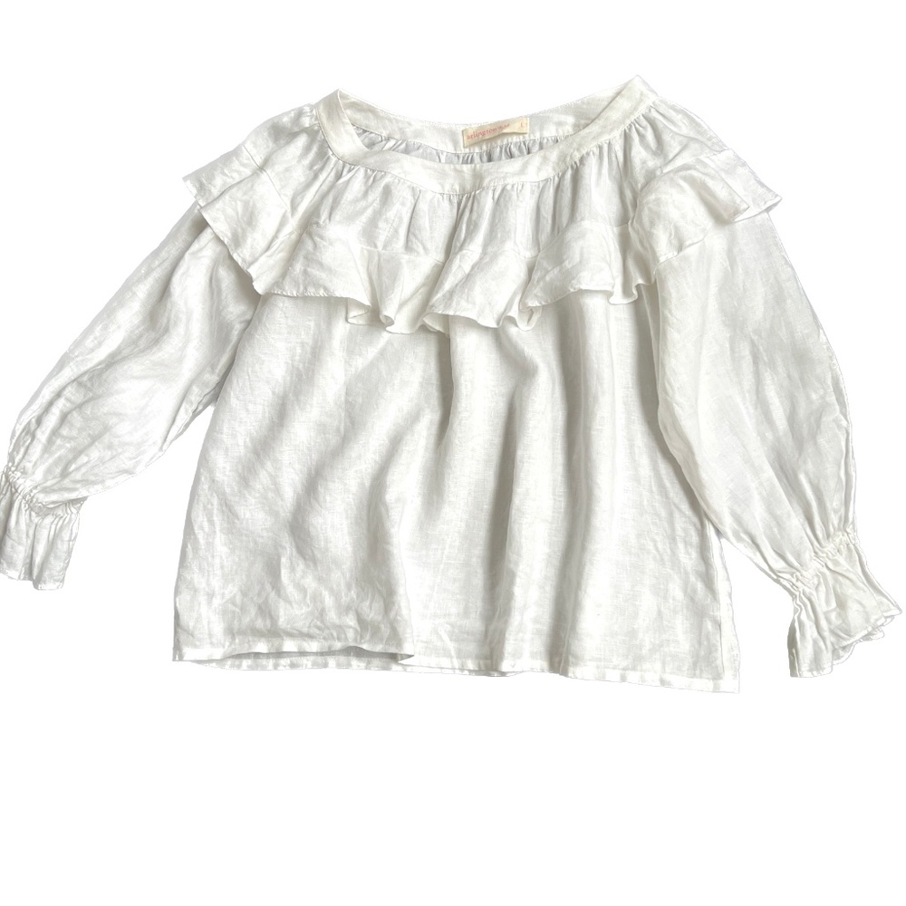 Arlington Milne Blouse L White Neck Ruffle Long Sleeve Australia Linen Blend - Picture 2 of 8